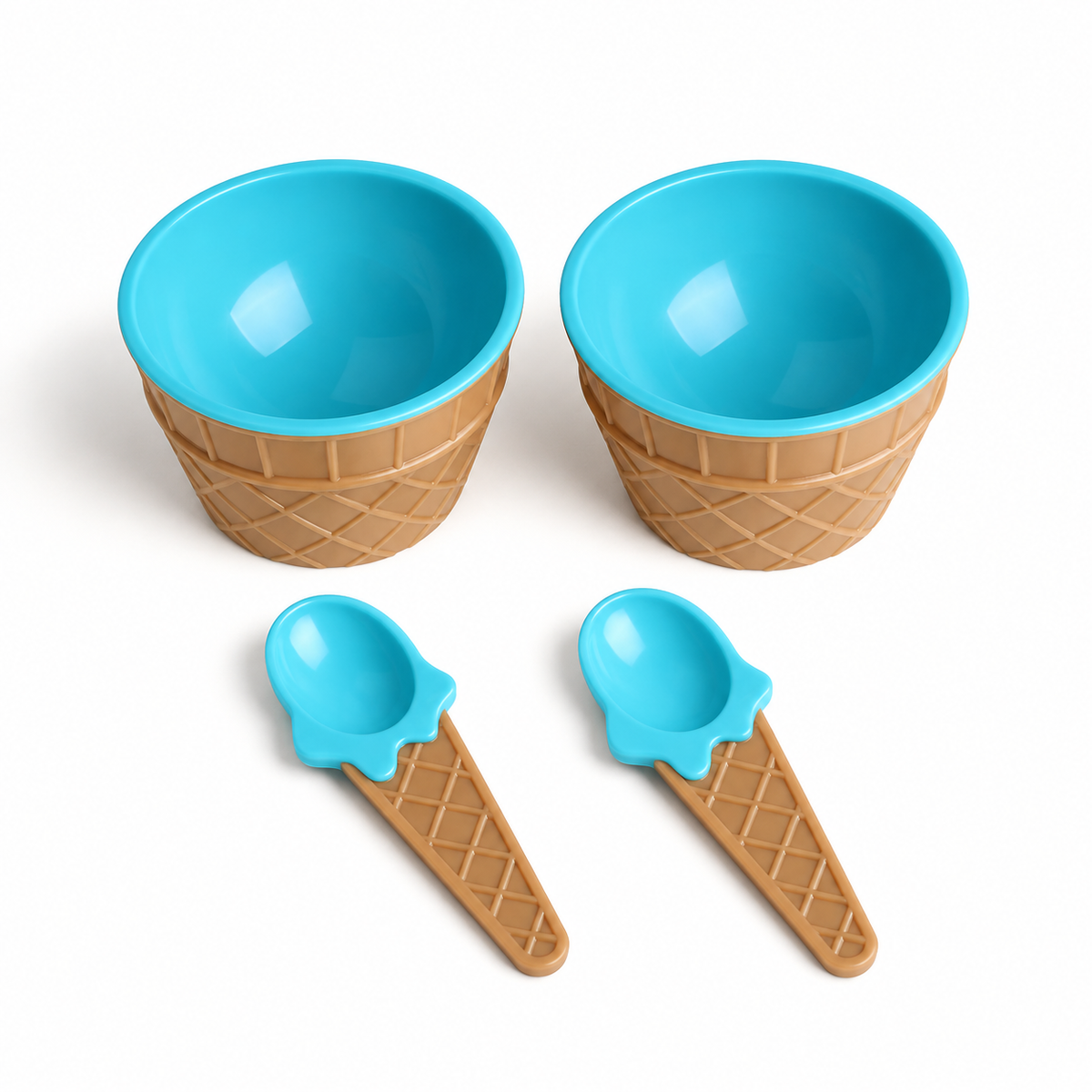 Blue set of two ice cream cone bowls and two matching spoons