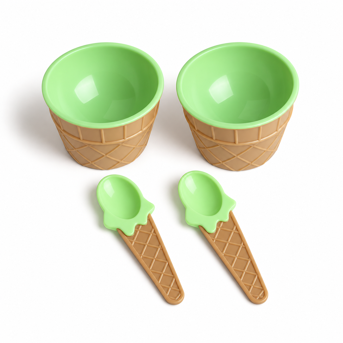 Green set of two ice cream cone bowls and two matching spoons