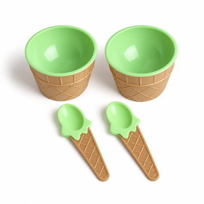 Green set of two ice cream cone bowls and two matching spoons