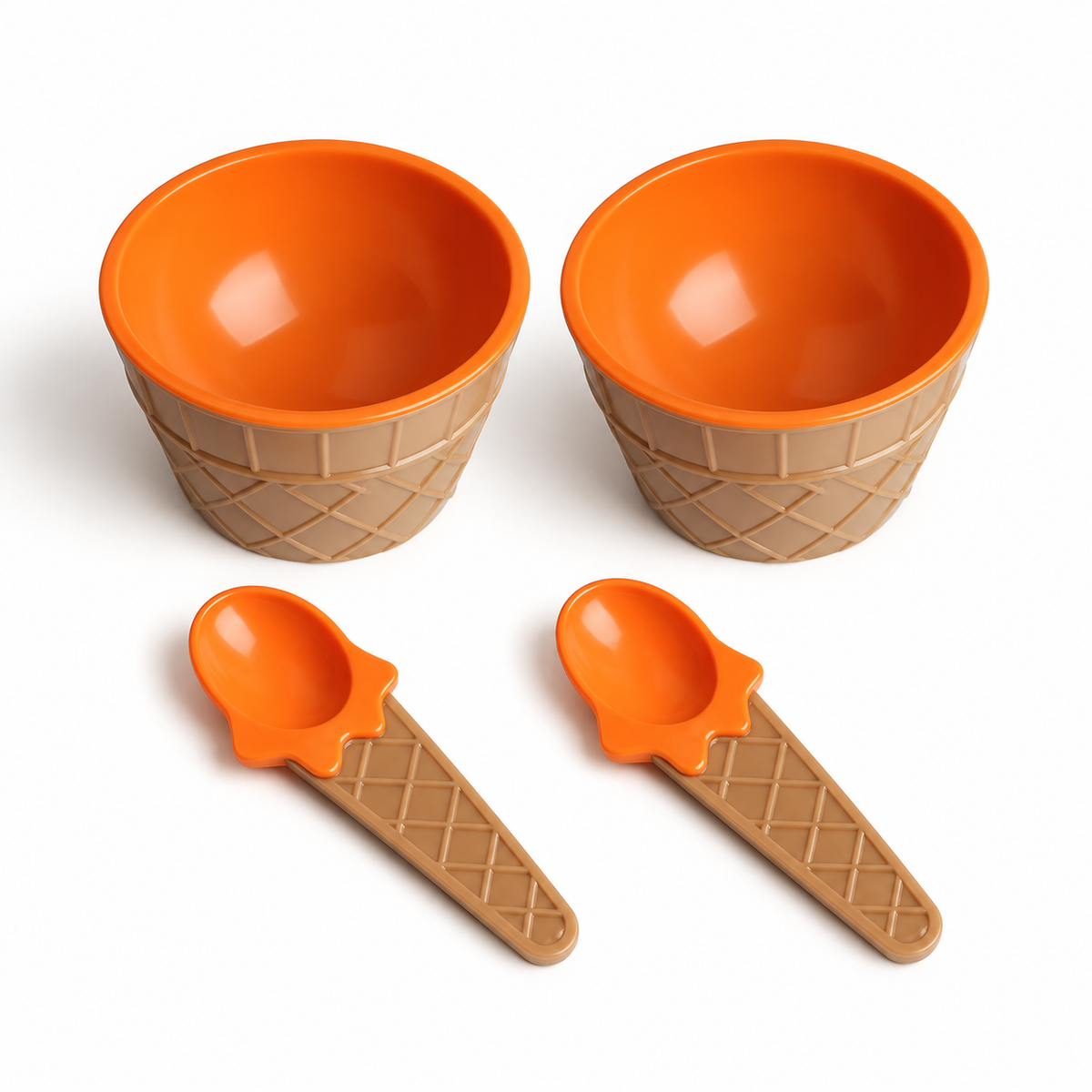 Orange set of two ice cream cone bowls and two matching spoons