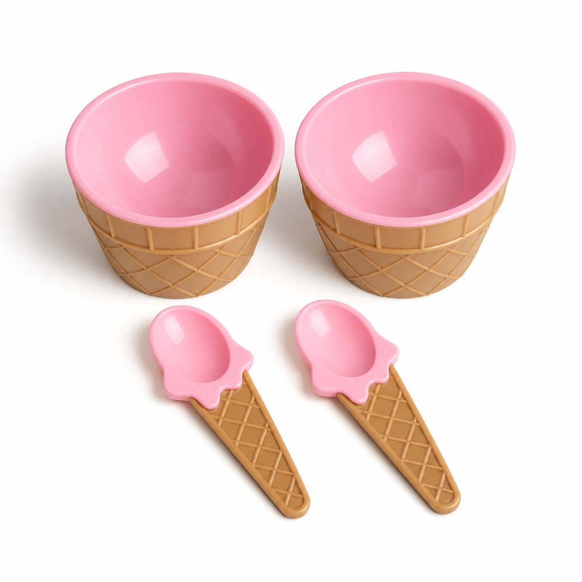 Pink set of two ice cream cone bowls and two matching spoons