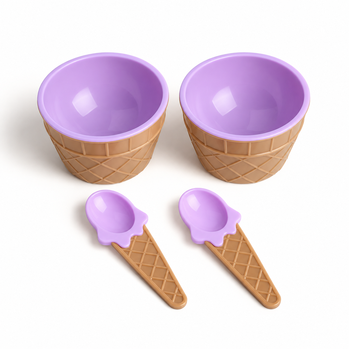 Purple set of two ice cream cone bowls and two matching spoons