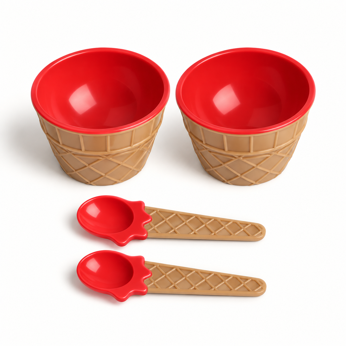 Red set of two ice cream cone bowls and two matching spoons
