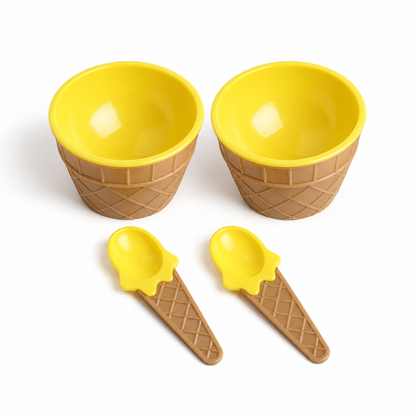 Yellow set of two ice cream cone bowls and two matching spoons
