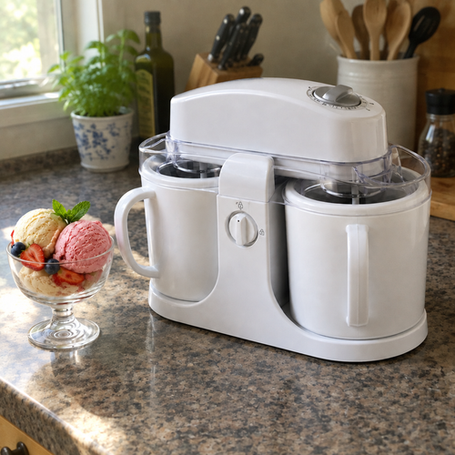 FrostCup dual-bowl ice cream maker with two flavors